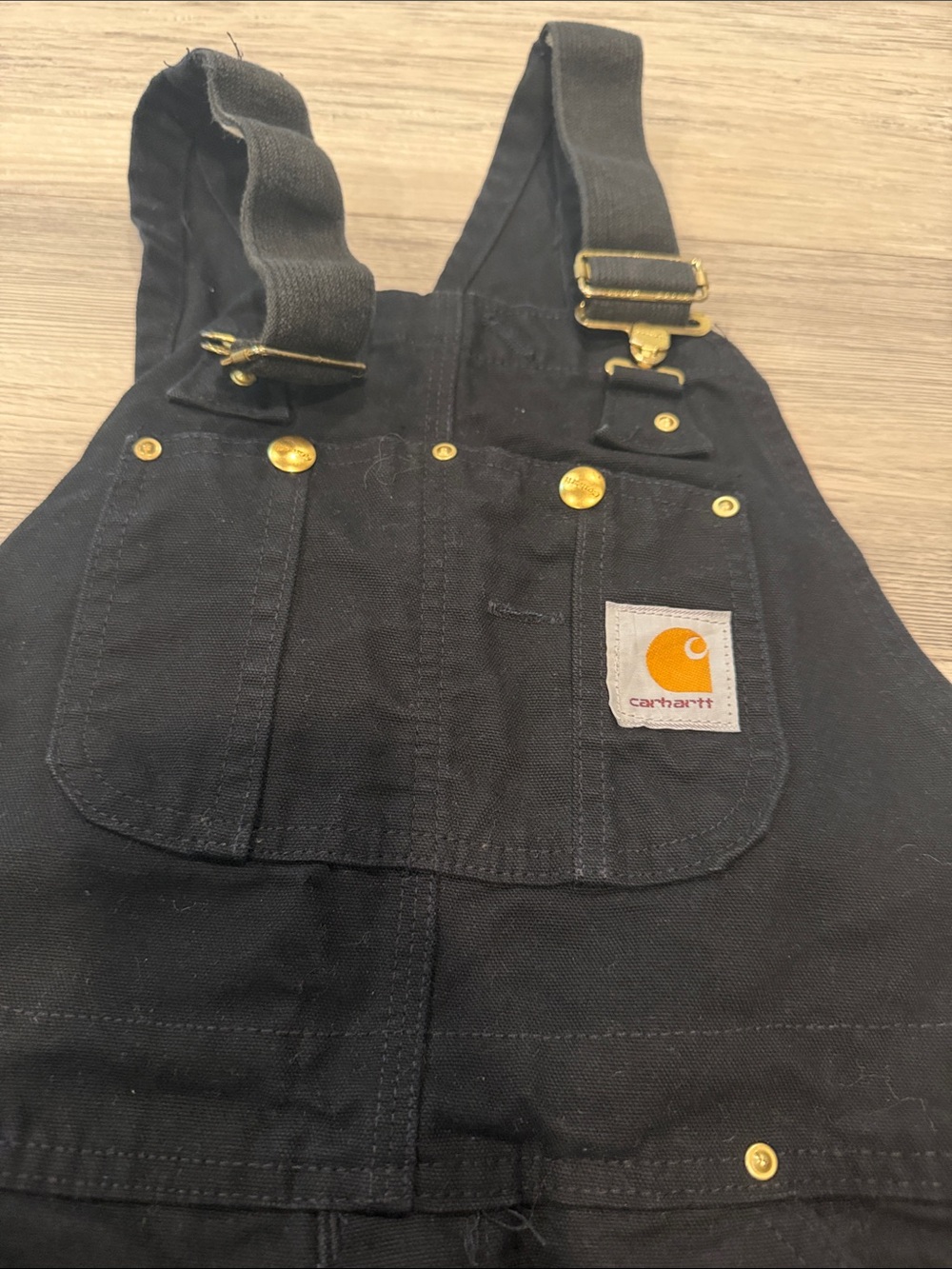 Carhartt Black Short Denim Overalls with Plaid & Leopard Patchwork - Picture 2 of 6